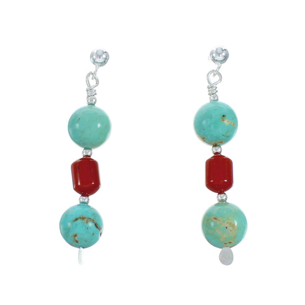 Turquoise And Coral Sterling Silver Post Dangle Earrings TX10147